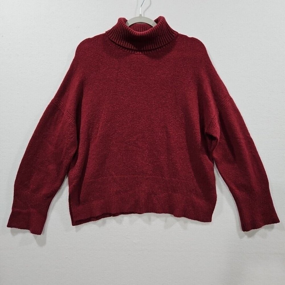 J Crew Womens Turtleneck Sweater Medium Burgendy‎ Alpaca Merino Wool Side Slit